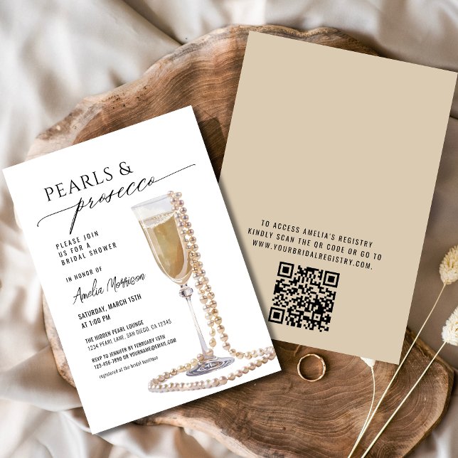 QR Code Pearls and Prosecco Bridal Shower Invitation (Creator Uploaded)