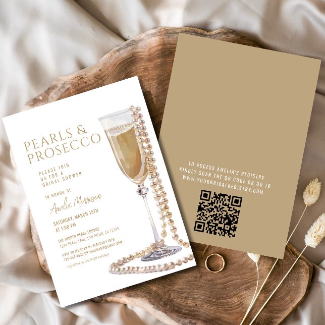 QR Code Pearls and Prosecco Bridal Shower Invitation (Creator Uploaded)