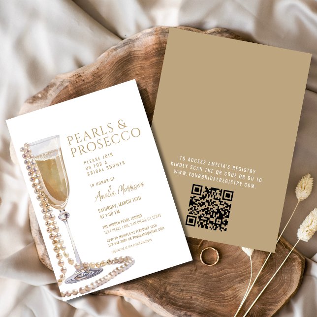 QR Code Pearls and Prosecco Bridal Shower Invitation (Creator Uploaded)