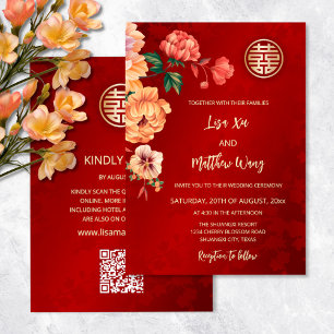 QR Code Peony Chinese Wedding Invitation