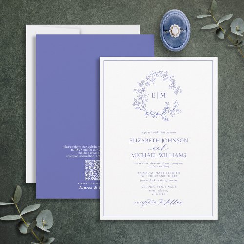 QR Code Periwinkle Leafy Crest Monogram Wedding Invitation