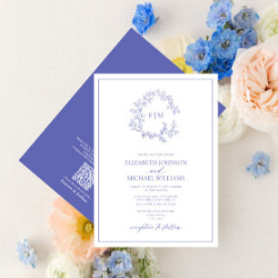 QR Code Periwinkle Leafy Crest Monogram Wedding Invitation