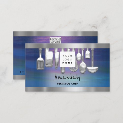 QR Code Personal Chef Cooking Restaurant Blue Business Card