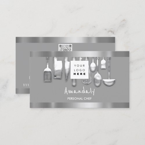 QR Code Personal Chef Cooking Restaurant Gray Business Card