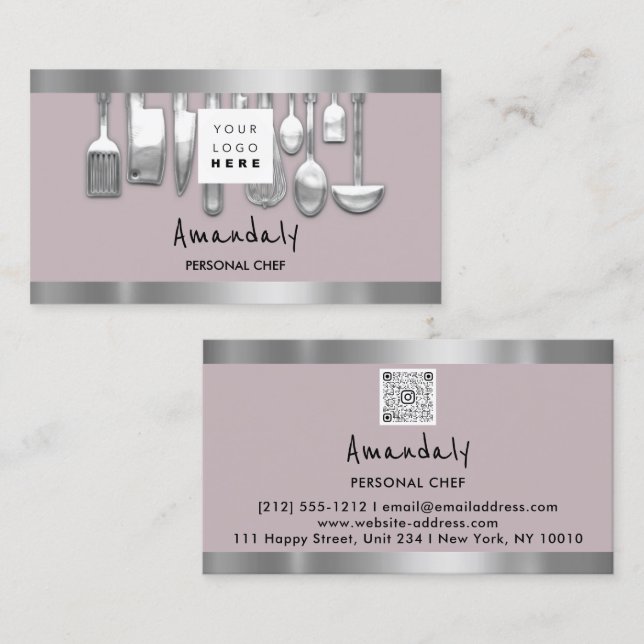 QR Code Personal Chef Cooking Restaurant Gray Business Card (Front/Back)