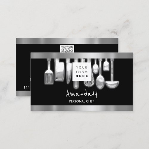 QR Code Personal Chef Cooking Restaurant Silver Business Card