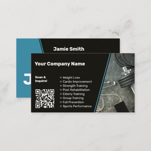 QR Code Personal Trainer Black  Blue Business Card