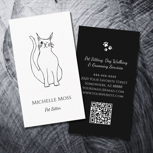 QR code Pet Sitter Cute Winking Cat Black White  Business Card