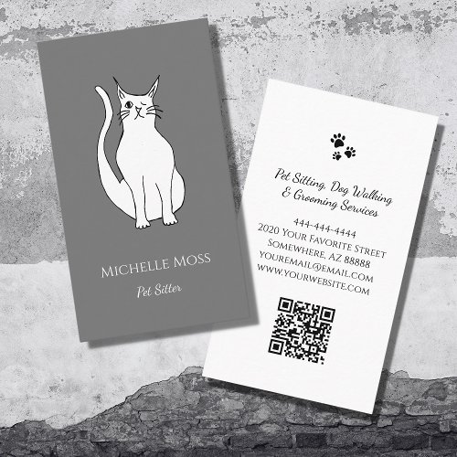QR code Pet Sitter Cute Winking Cat Gray Business Card