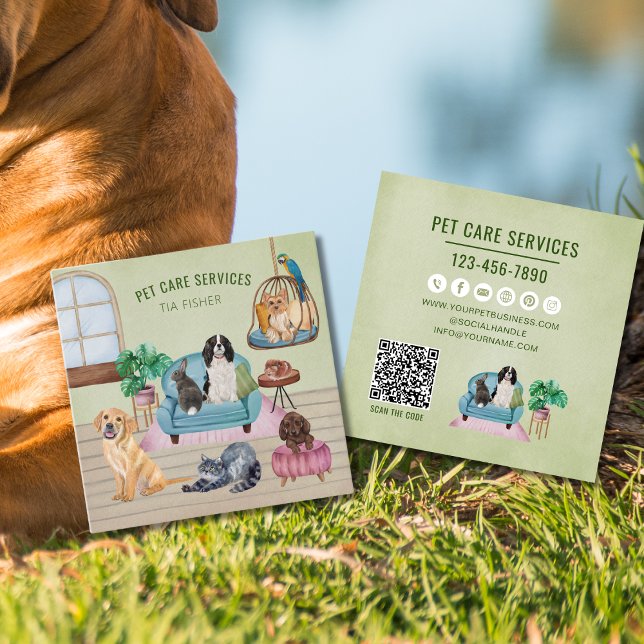 QR Code Pet Sitter Dog Grooming Website Square Business Card (Creator Uploaded)