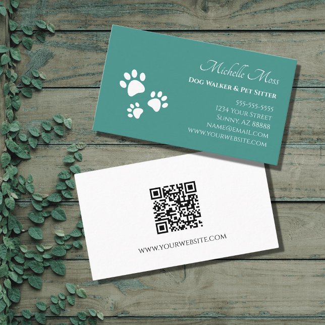 QR code Pet Sitter Paw Prints Teal Green Business Card (Creator Uploaded)