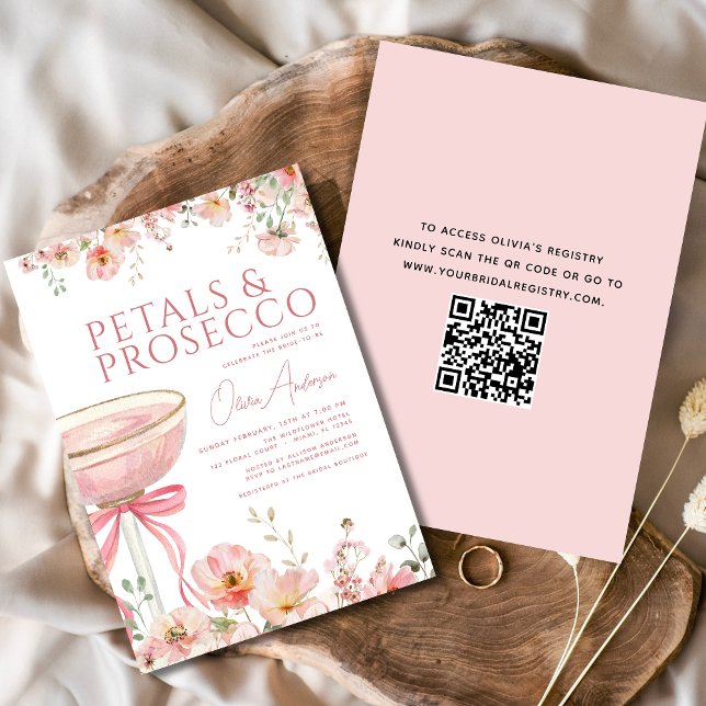 QR Code Petals & Prosecco Pink Bow Bridal Shower  Invitation (Creator Uploaded)