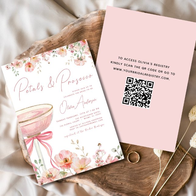 QR Code Petals & Prosecco Pink Bow Bridal Shower  Invitation (Creator Uploaded)