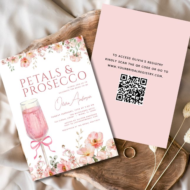 QR Code Petals & Prosecco Pink Bow Bridal Shower  Invitation (Creator Uploaded)