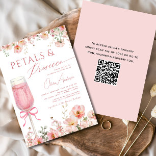 QR Code Petals & Prosecco Pink Bow Bridal Shower Invitation
