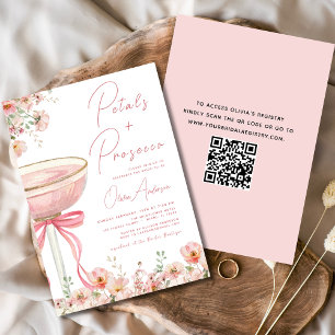QR Code Petals & Prosecco Pink Bow Bridal Shower Invitation