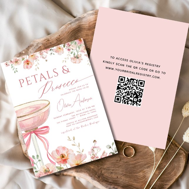 QR Code Petals & Prosecco Pink Bow Bridal Shower  Invitation (Creator Uploaded)