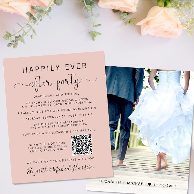 QR Code Photo Blush Wedding Reception Invitation (Your love story deserves a grand celebration!)