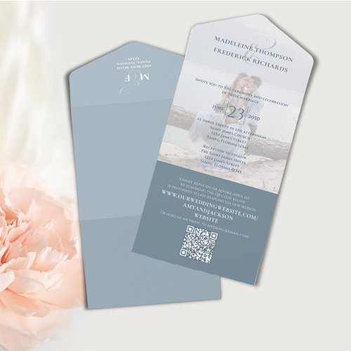 QR Code Photo Elegant Dusty Blue RSVP Online All In One Invitation