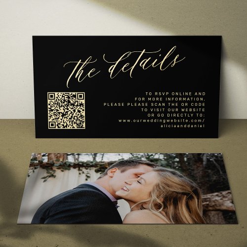 QR code photo elegant gold black wedding details Enclosure Card