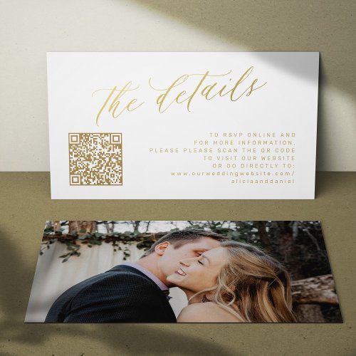 QR code photo elegant gold script wedding details Enclosure Card