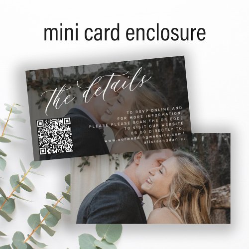 QR code photo elegant script wedding details  Enclosure Card