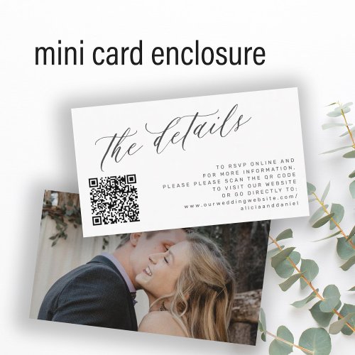 QR code photo elegant script wedding details white Enclosure Card