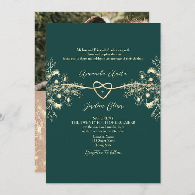 QR Code Photo Emerald Green Gold Wedding Invitation (Front/Back)