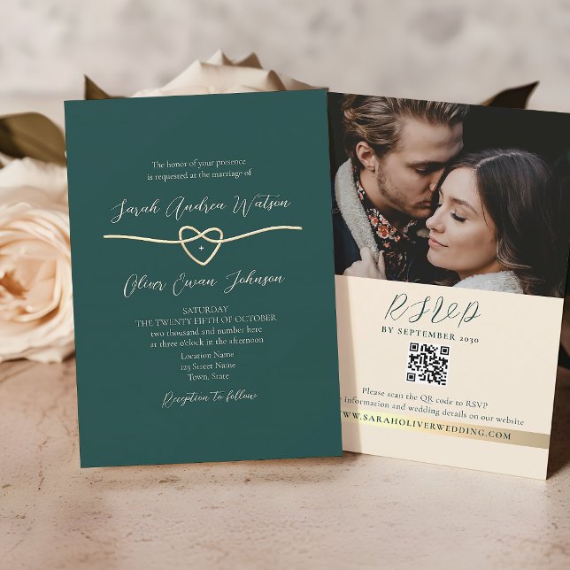 QR Code Photo Emerald Green Wedding Invitation (Creator Uploaded)