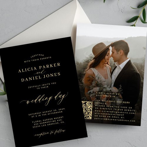 QR code photo gold calligraphy black wedding Invitation