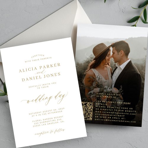 QR code photo gold calligraphy script wedding Invitation