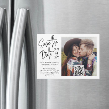 Qr Code & Photo Handwritten Wedding Save The Date Magnetic Invitation by Memorable_Modern at Zazzle