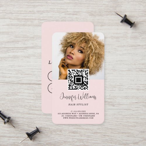 QR Code Photo Logo Modern Loyalty Blush Pink Calling Card