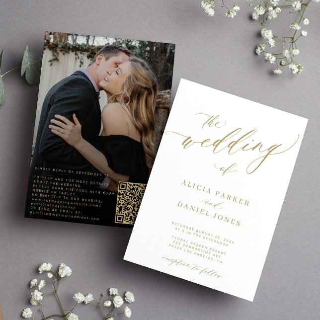 QR code photo modern elegant gold wedding Invitation (Creator Uploaded)