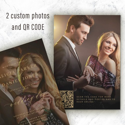 QR CODE photo overlay gold calligraphy wedding Invitation