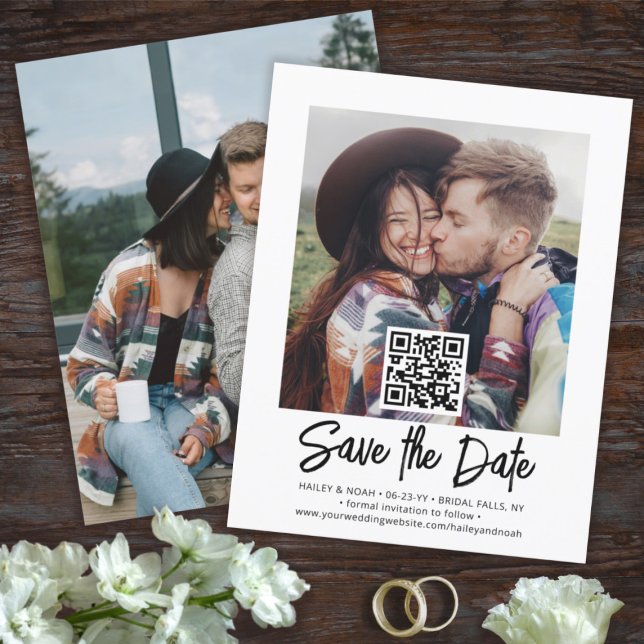 QR Code Photo Overlay Simple Modern Script Wedding Save The Date (Creator Uploaded)