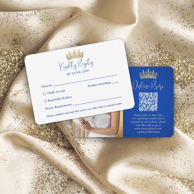 QR Code & Photo Quinceañera Gold Crown Royal Blue RSVP Card (Creator Uploaded)