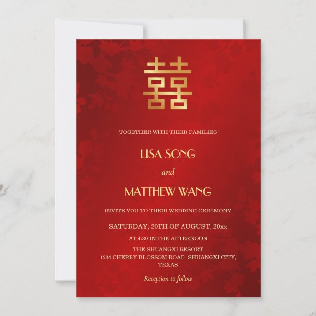 QR Code Photo | Red Gold Chinese Wedding Invitation (Front)