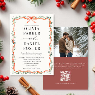 QR Code Photo Red Ribbon & Bow Winter Wedding Invitation