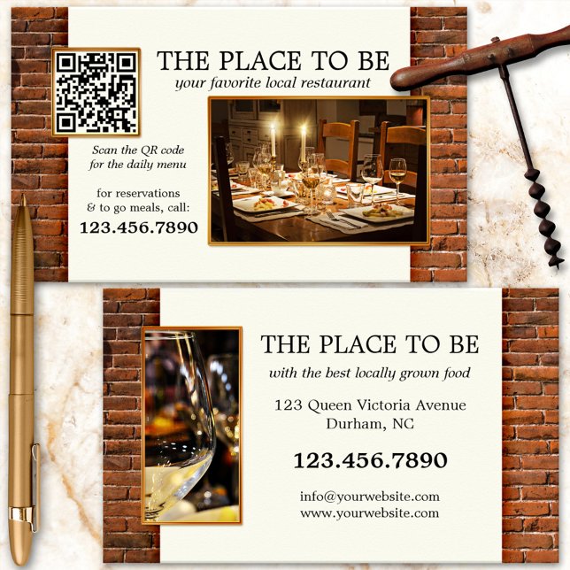 QR Code Photo Restaurant Business Card (Restaurant business card with your custom photos and QR code on a simple chic background)