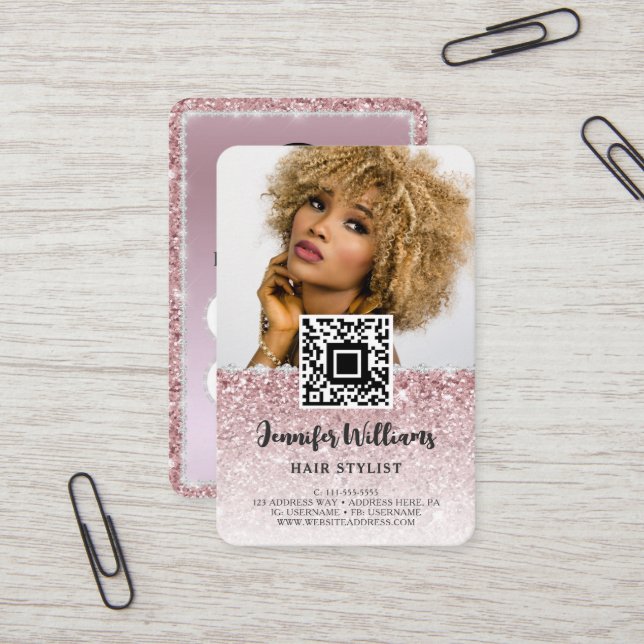 QR Code Photo | Rose Gold Glitter Diamond Loyalty  Business Card (Front/Back In Situ)