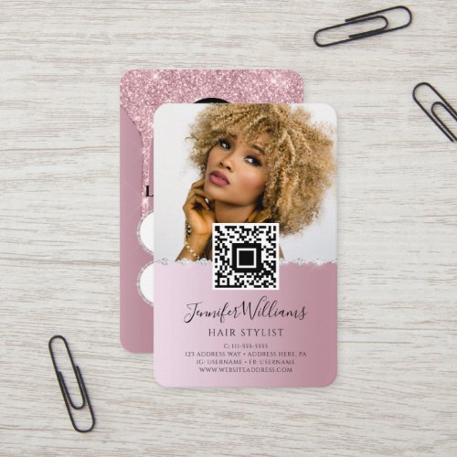 QR Code Photo  Rose Gold Loyalty Template Diamond Business Card