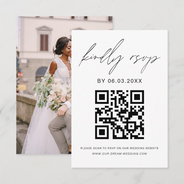 QR Code Photo RSVP Minimalist Wedding Website Card (Front/Back)
