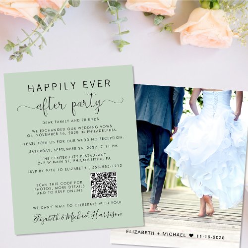 QR Code Photo Sage Wedding Reception Invitation