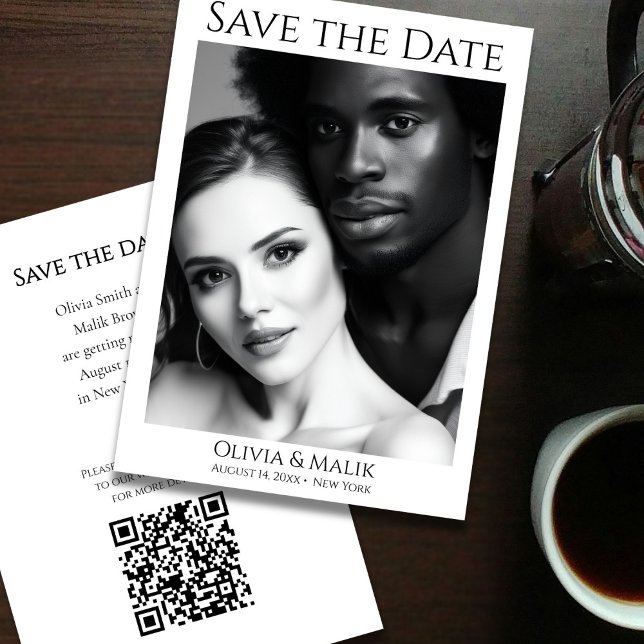 QR code Photo  Save the Date (Modern Black & White Photo QR Code Save the Date - front and back)