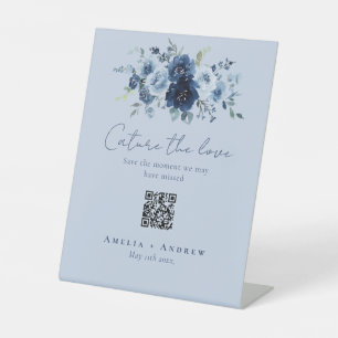 QR Code Photo Share Dusty Blue Floral Wedding Pedestal Sign