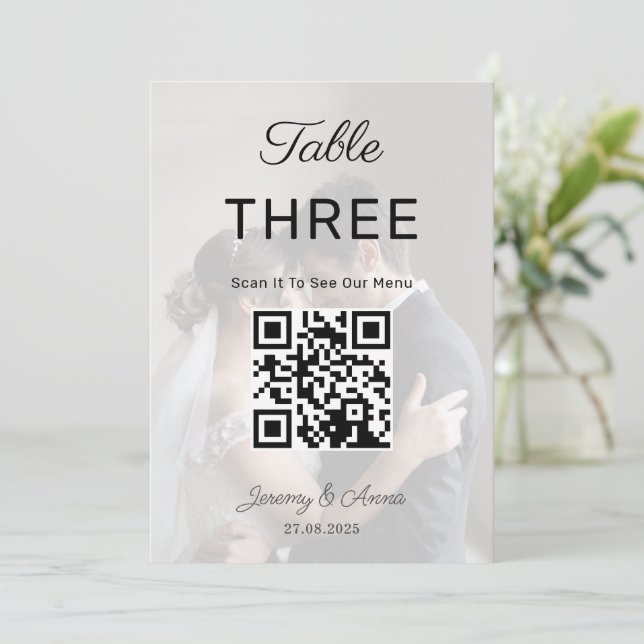QR Code & Photo Wedding Menu Table Number Card (Standing Front)