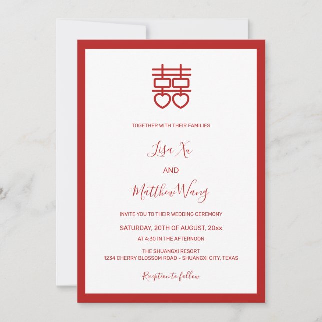 QR Code Photo | White Red Chinese Wedding Invitation (Front)