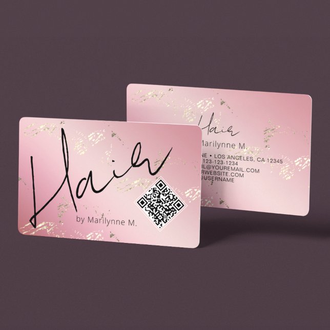 QR Code Pink and Gold Hair Stylist Business Card (Creator Uploaded)