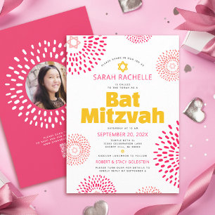 QR Code Pink Bat Mitzvah Photo Starburst Bold Pop Invitation